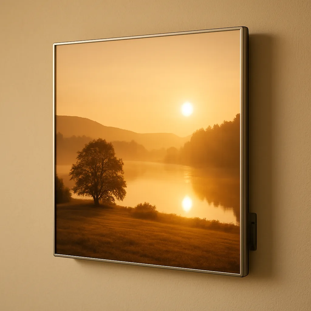 Wandmontage einer Bild-Infrarotheizung mit Landschaftsmotiv, Wandhalterung mit Abstand zur Wand für die Hinterlüftung