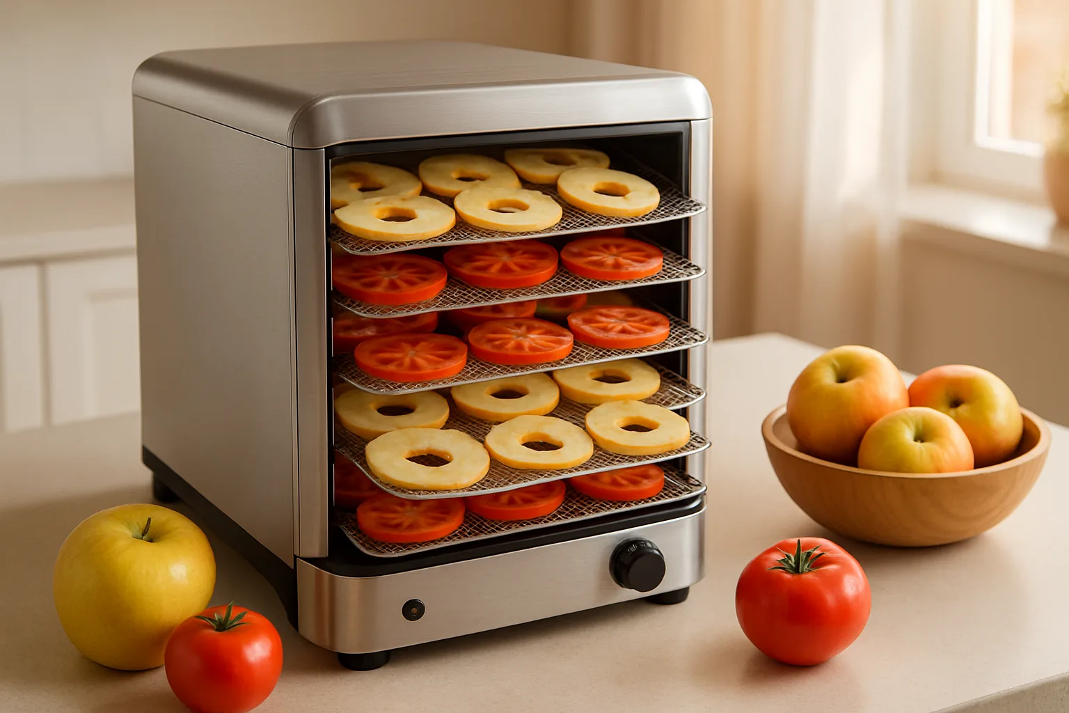 Dörrgerät mit Etagen voller Apfelringe und Tomaten auf einer hellen Küchenarbeitsplatte