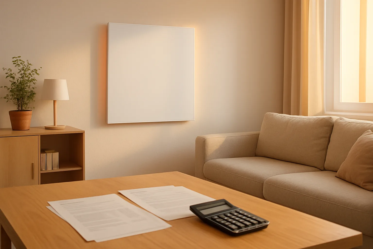 Infrarotheizung an der Wand mit Thermostat, daneben Taschenrechner und Stromkostenabrechnung