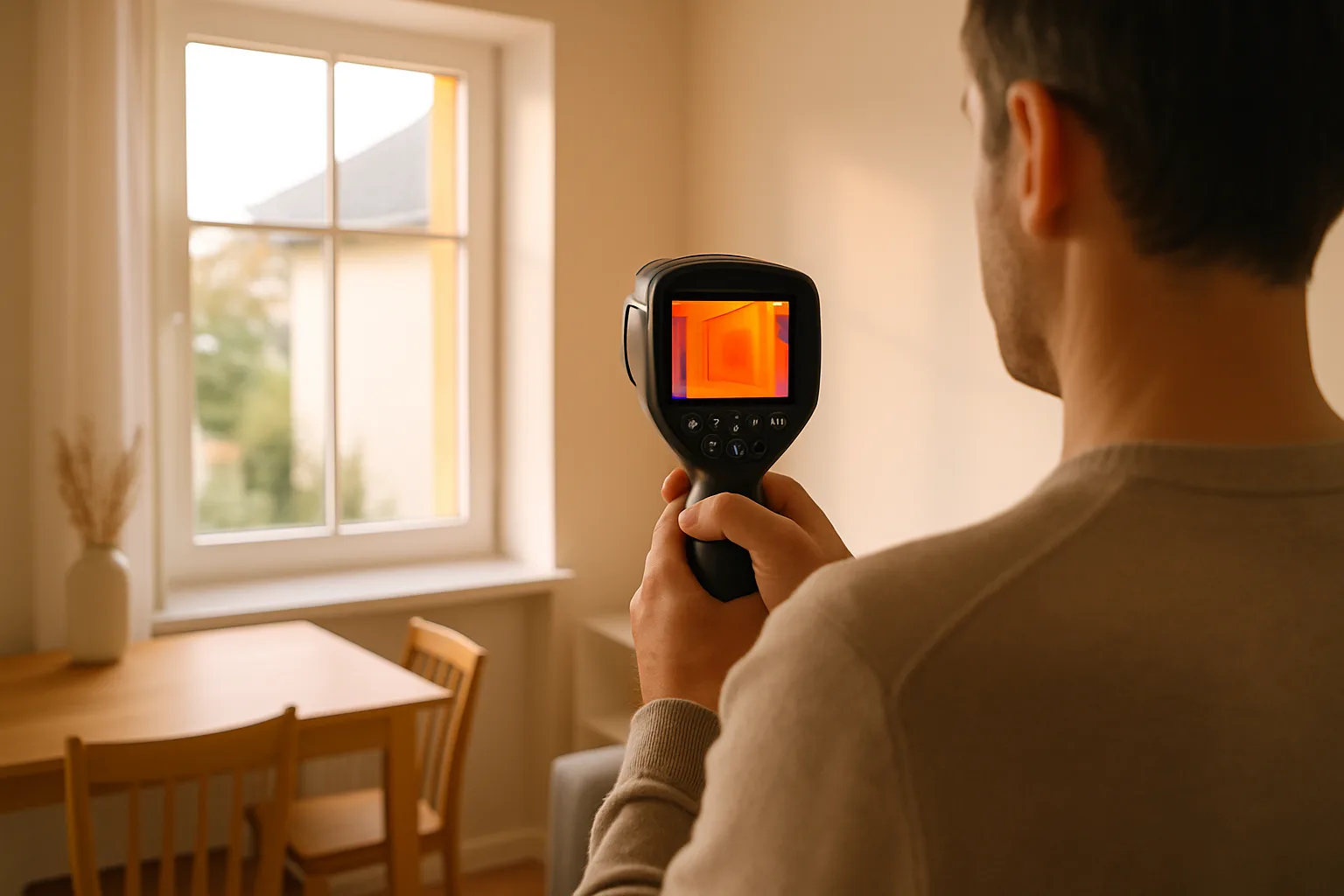 Wärmebildkamera zeigt ein Falschfarben-Thermogramm bei einer Gebäudeinspektion