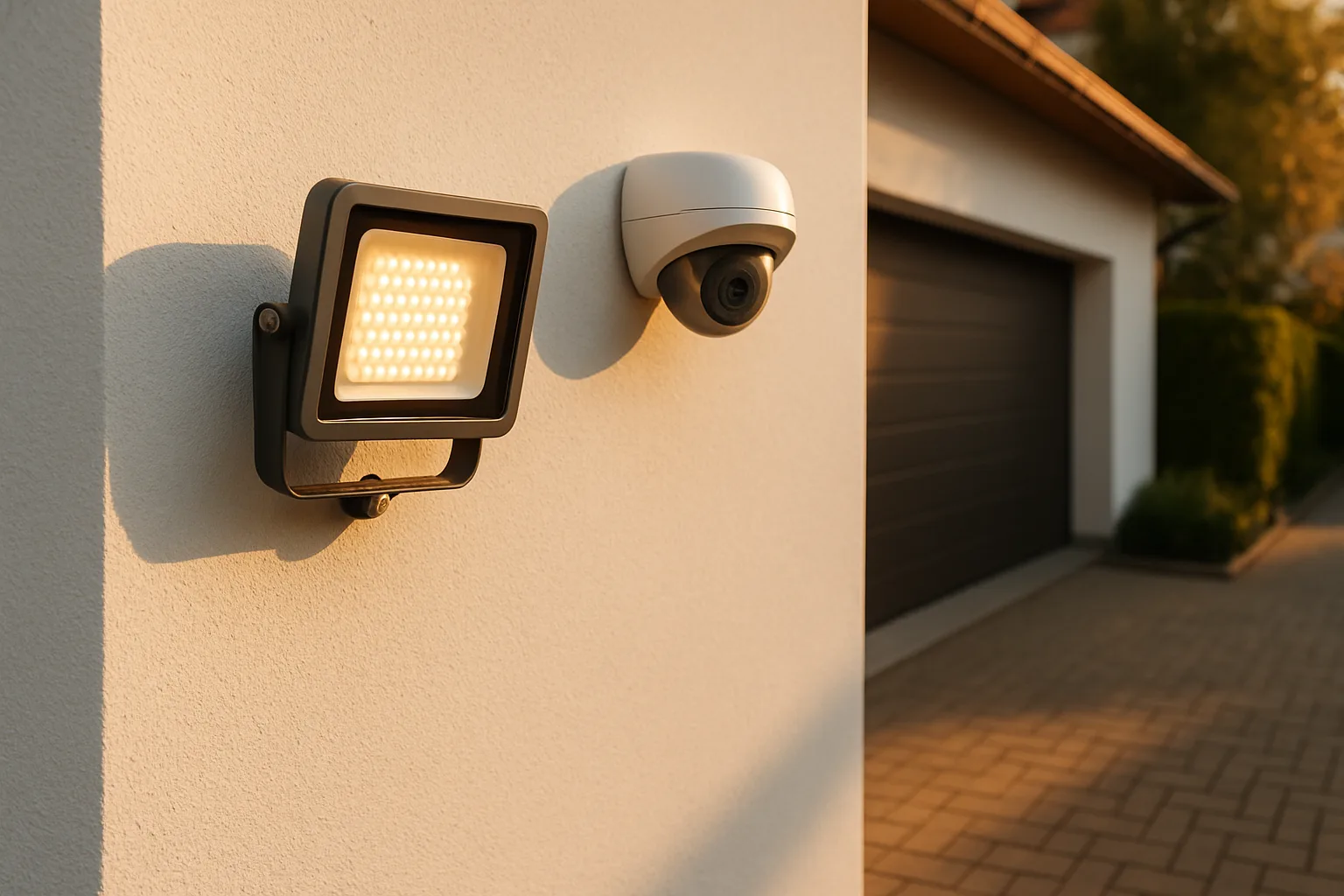 Infrarot-Scheinwerfer mit LED-Feld an einer Hauswand neben einer Überwachungskamera