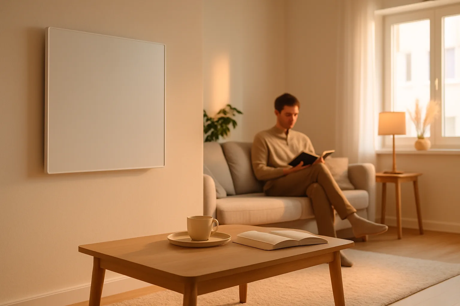 Infrarotheizung an der Wand eines modernen Wohnzimmers gibt Strahlungswärme ab
