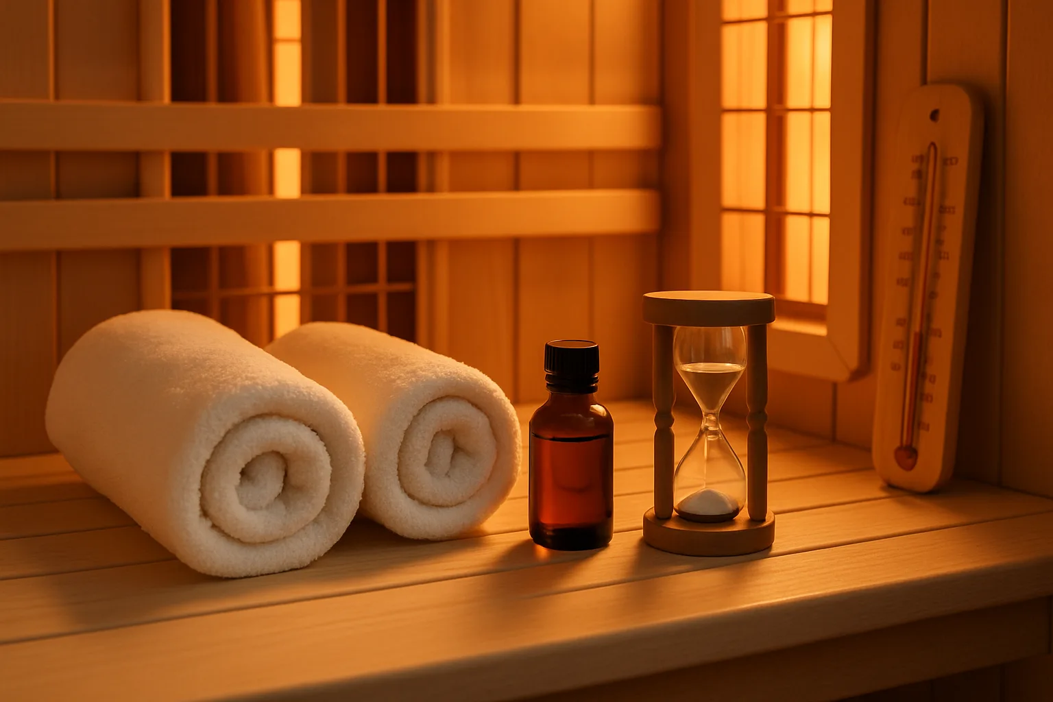 Zubehör für die Infrarotkabine: Handtücher, Aromaöl, Sanduhr und Thermometer auf Holzbank